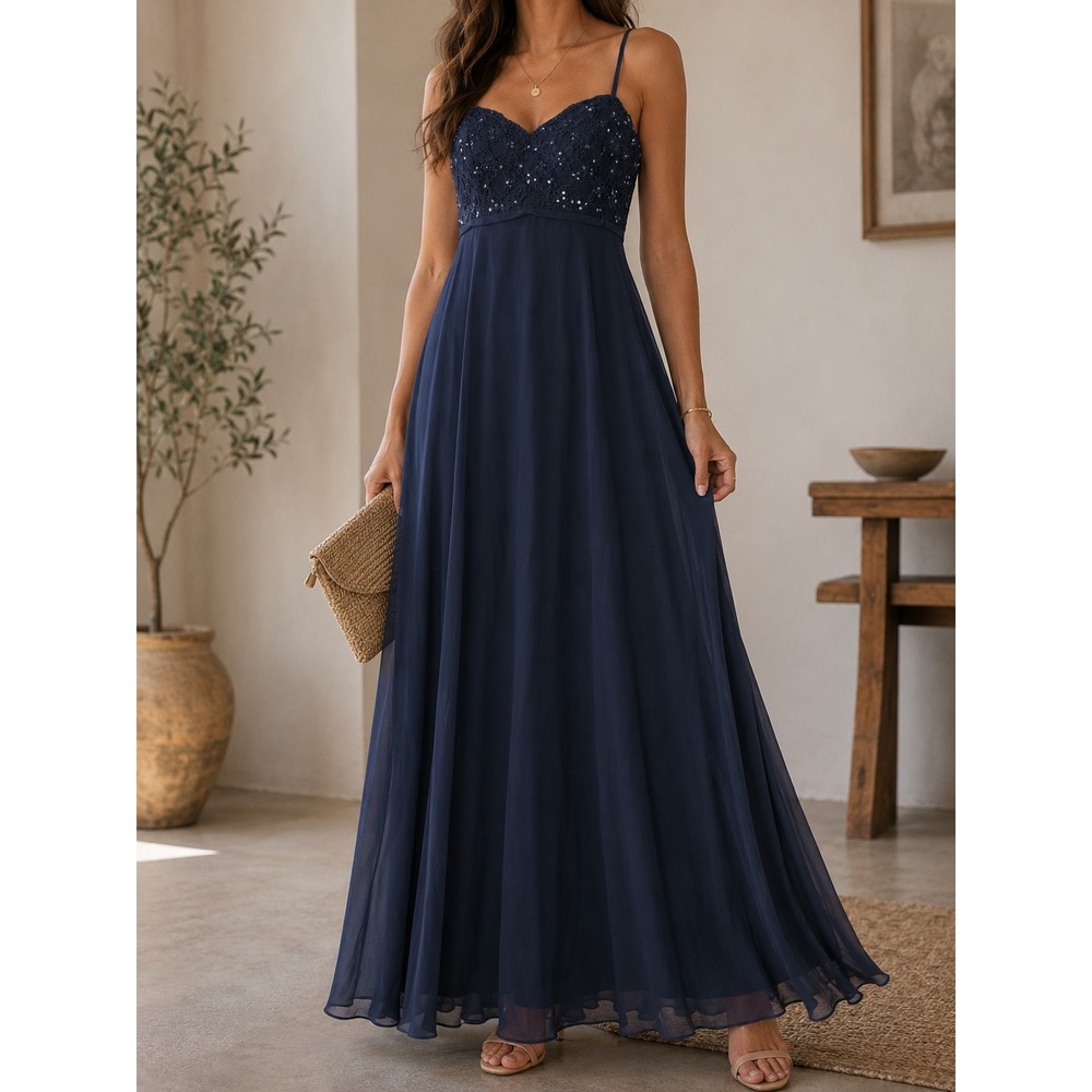 Mori Lee Madeline Gardner Maxi Dress Gown Navy Blue Sequin Lace Chiffon